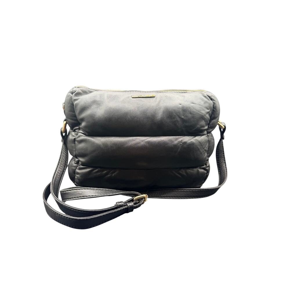 Marta Ponti Black Puffer Leather Crossbody Bag Quilted Soft Gold Zip
